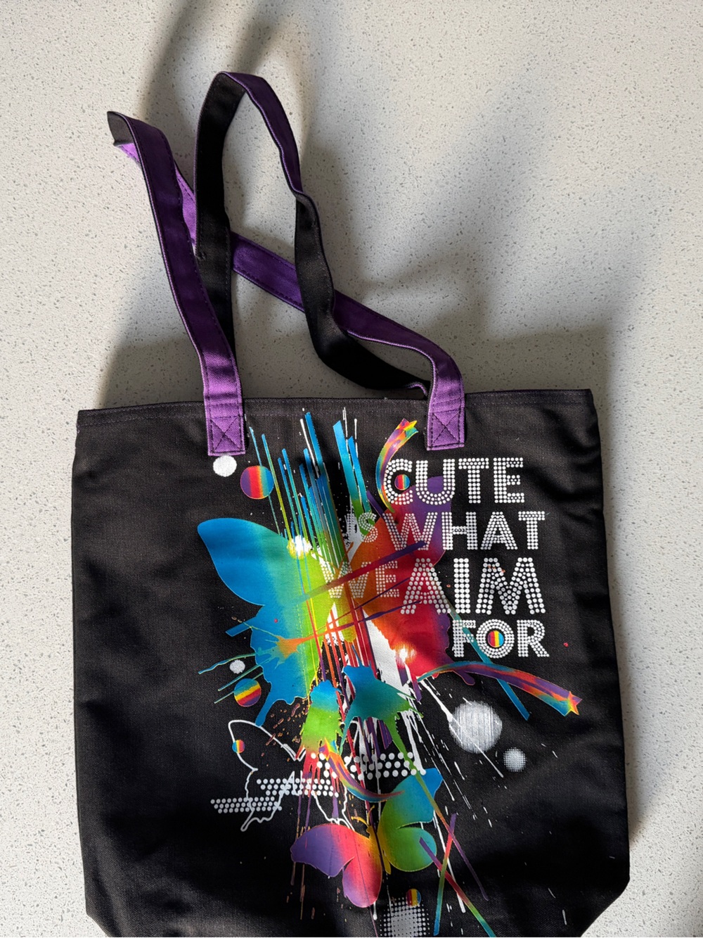 Cute Is What We Aim For Rainbow Graphic Tote with Purple Handles